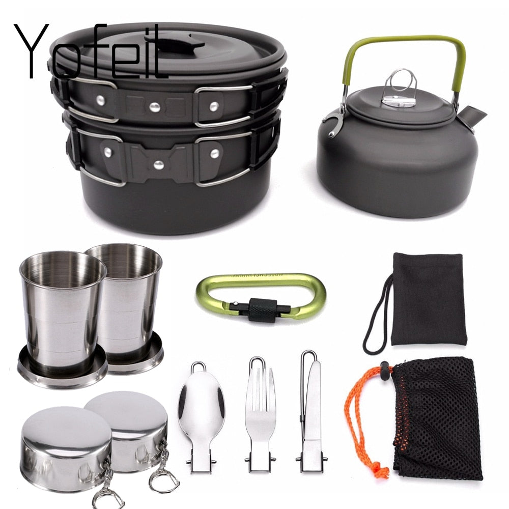 ‎1 Set Outdoor-Töpfe Pfannen Camping Kochgeschirr Picknick Kochset Antihaft-Geschirr mit faltbarem Löffel Gabel Messer Kessel Tasse‎