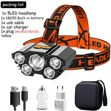 Lade das Bild in den Galerie-Viewer, 5LED mit eingebauter 18650 Batterie USB wiederaufladbare Stirnlampe
