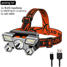 Lade das Bild in den Galerie-Viewer, 5LED mit eingebauter 18650 Batterie USB wiederaufladbare Stirnlampe
