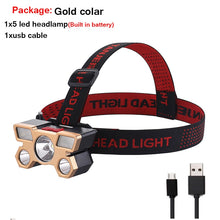 Lade das Bild in den Galerie-Viewer, 5LED mit eingebauter 18650 Batterie USB wiederaufladbare Stirnlampe
