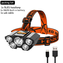 Lade das Bild in den Galerie-Viewer, 5LED mit eingebauter 18650 Batterie USB wiederaufladbare Stirnlampe
